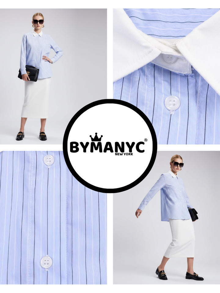 Blue Striped Shirt with Contrast Collar and Double Pockets • BYMANYC ® New York