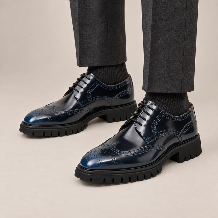 Blue Wingtip Calf Leather Derby Shoes