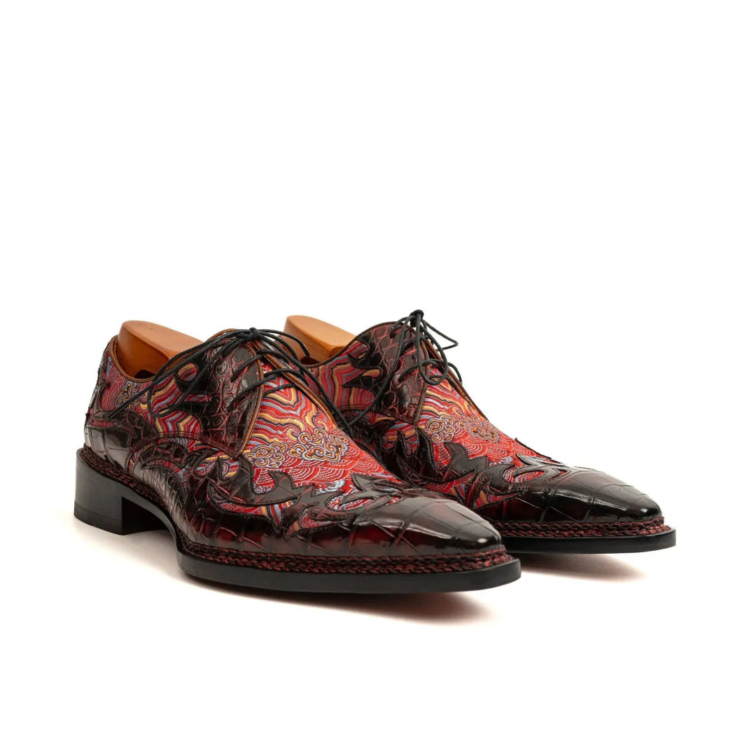 Red Square-Toe Crocodile Leather Oxford Shoes