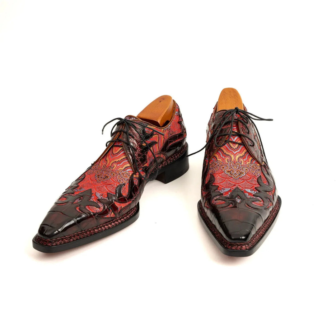 Red Square-Toe Crocodile Leather Oxford Shoes