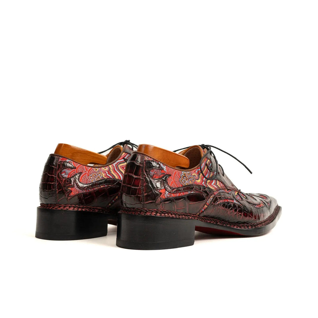 Red Square-Toe Crocodile Leather Oxford Shoes