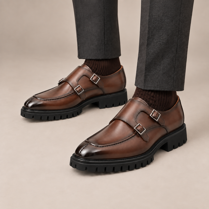 Brown Apron-Toe Calf Leather Monk Shoes