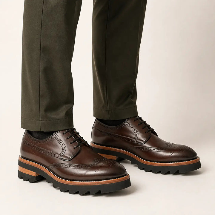 Calfskin Brogue Derby Shoes with Unique Leather Brown