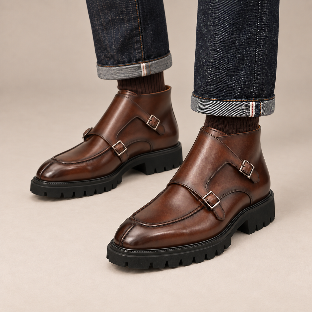 Brown Calf Leather Buckle Ankle Boots