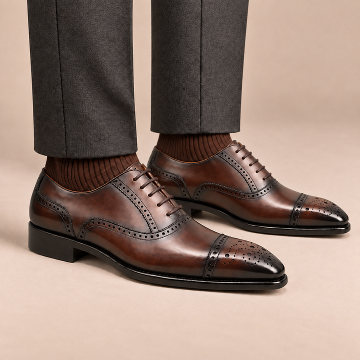 Brown Cap-Toe Calf Leather Oxford Shoes
