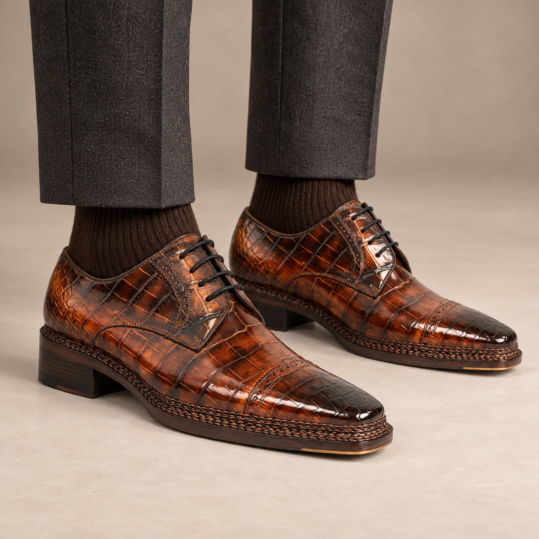 Brown Cap-Toe Crocodile Leather Derby Shoes
