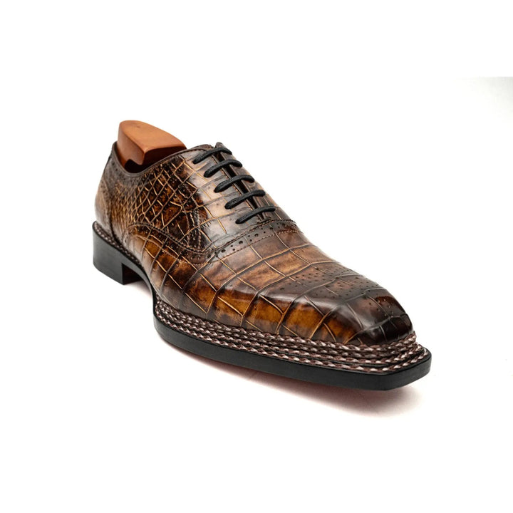 Brown Square-Toe Crocodile Leather Oxford Shoes