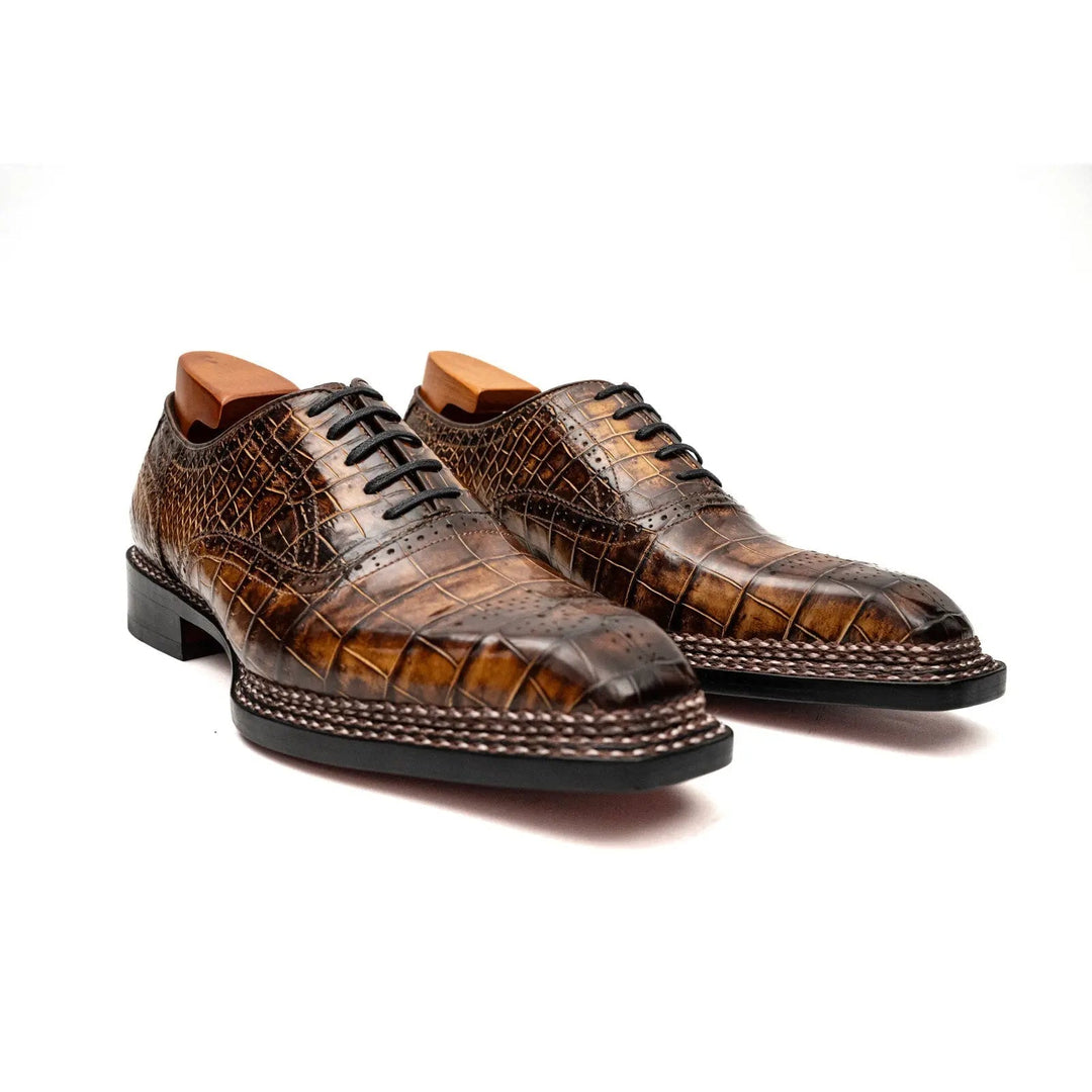 Brown Square-Toe Crocodile Leather Oxford Shoes