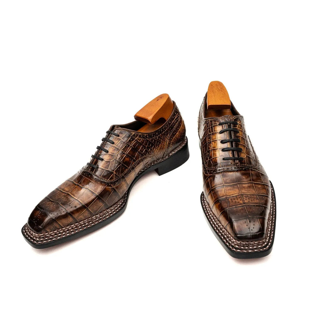 Brown Square-Toe Crocodile Leather Oxford Shoes