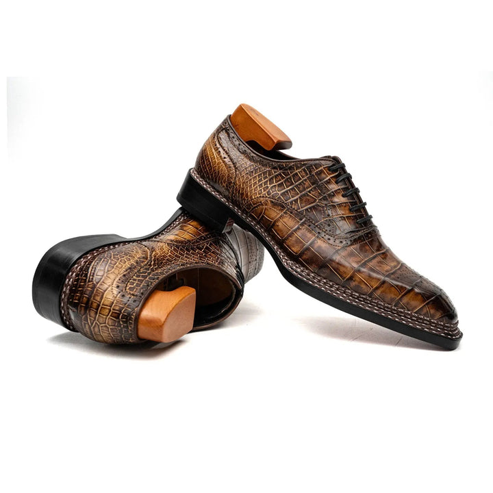 Brown Square-Toe Crocodile Leather Oxford Shoes