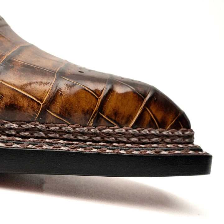 Brown Square-Toe Crocodile Leather Oxford Shoes