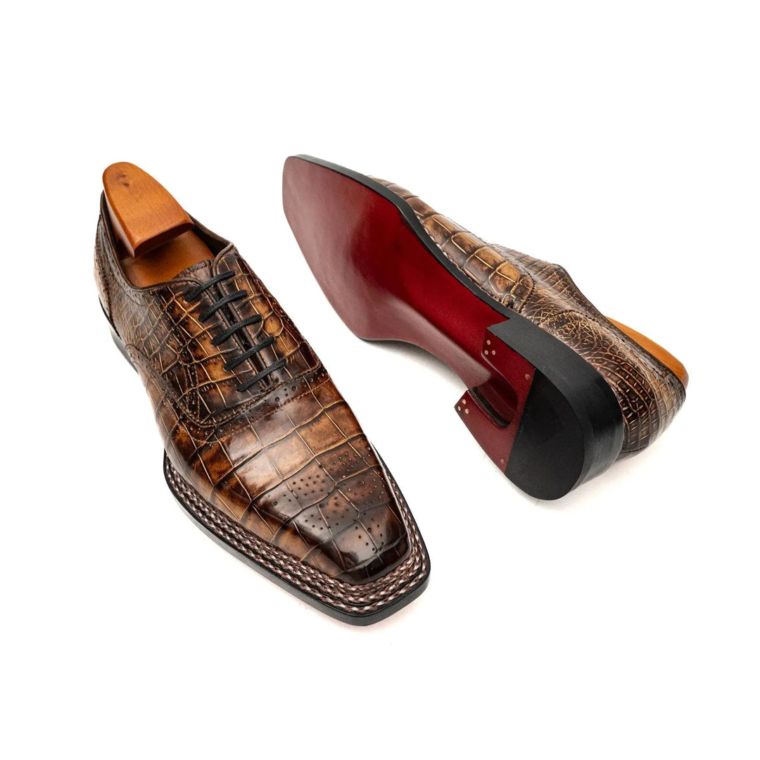 Brown Square-Toe Crocodile Leather Oxford Shoes