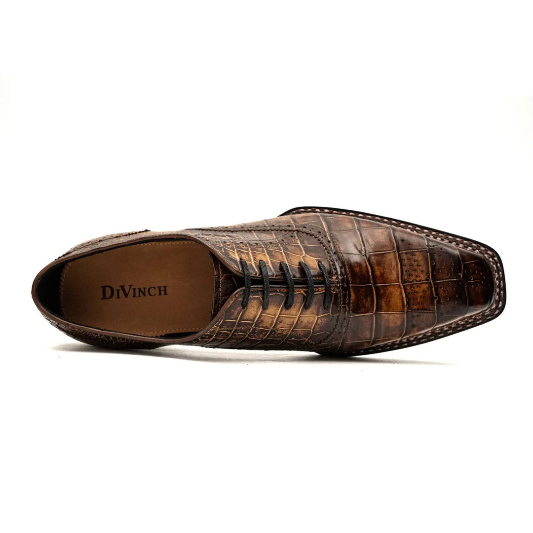 Brown Square-Toe Crocodile Leather Oxford Shoes