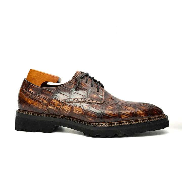 Brown Apron-Toe Crocodile Leather Derby Shoes