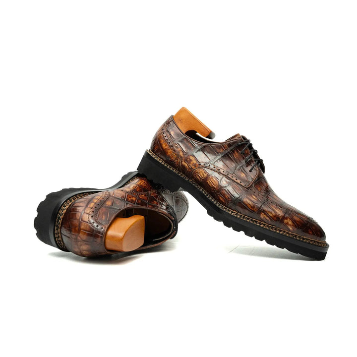 Brown Apron-Toe Crocodile Leather Derby Shoes