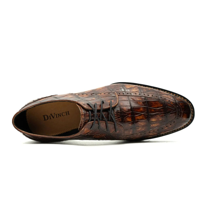 Brown Apron-Toe Crocodile Leather Derby Shoes