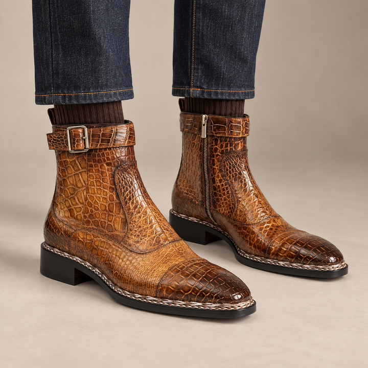 Brown Crocodile Leather Buckle Ankle Boots