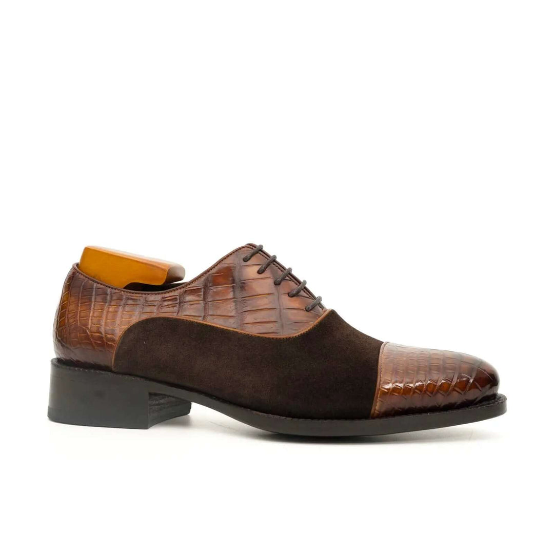 Brown Cap-Toe Calf &amp; Crocodile Leather Oxford Shoes