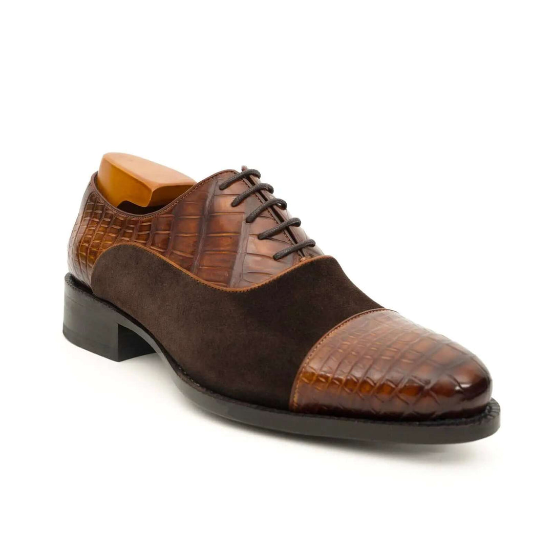 Brown Cap-Toe Calf &amp; Crocodile Leather Oxford Shoes