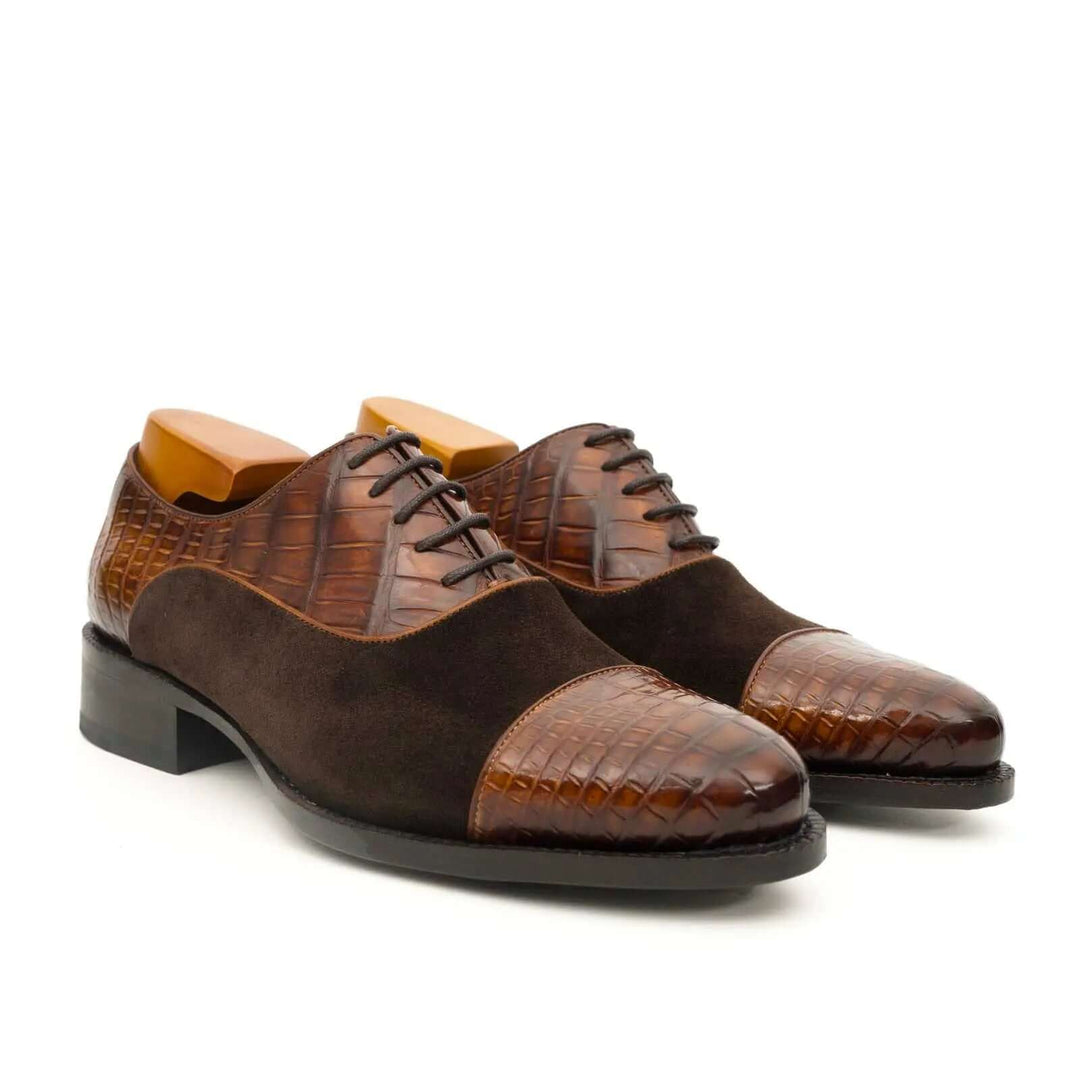 Brown Cap-Toe Calf &amp; Crocodile Leather Oxford Shoes