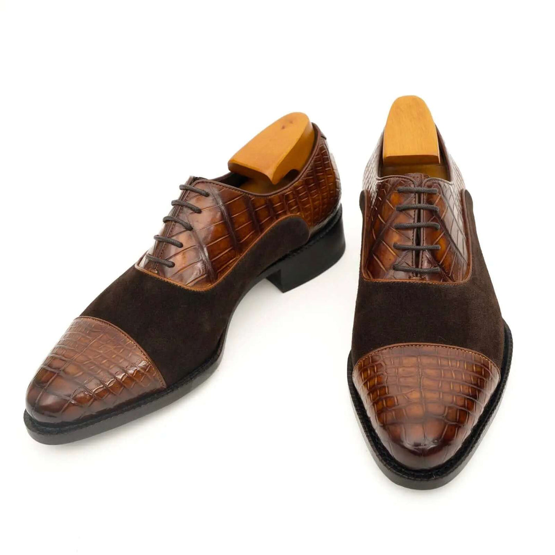Brown Cap-Toe Calf &amp; Crocodile Leather Oxford Shoes