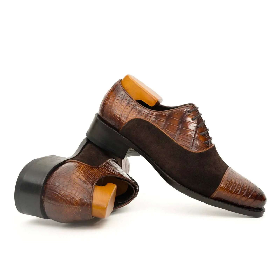 Brown Cap-Toe Calf &amp; Crocodile Leather Oxford Shoes