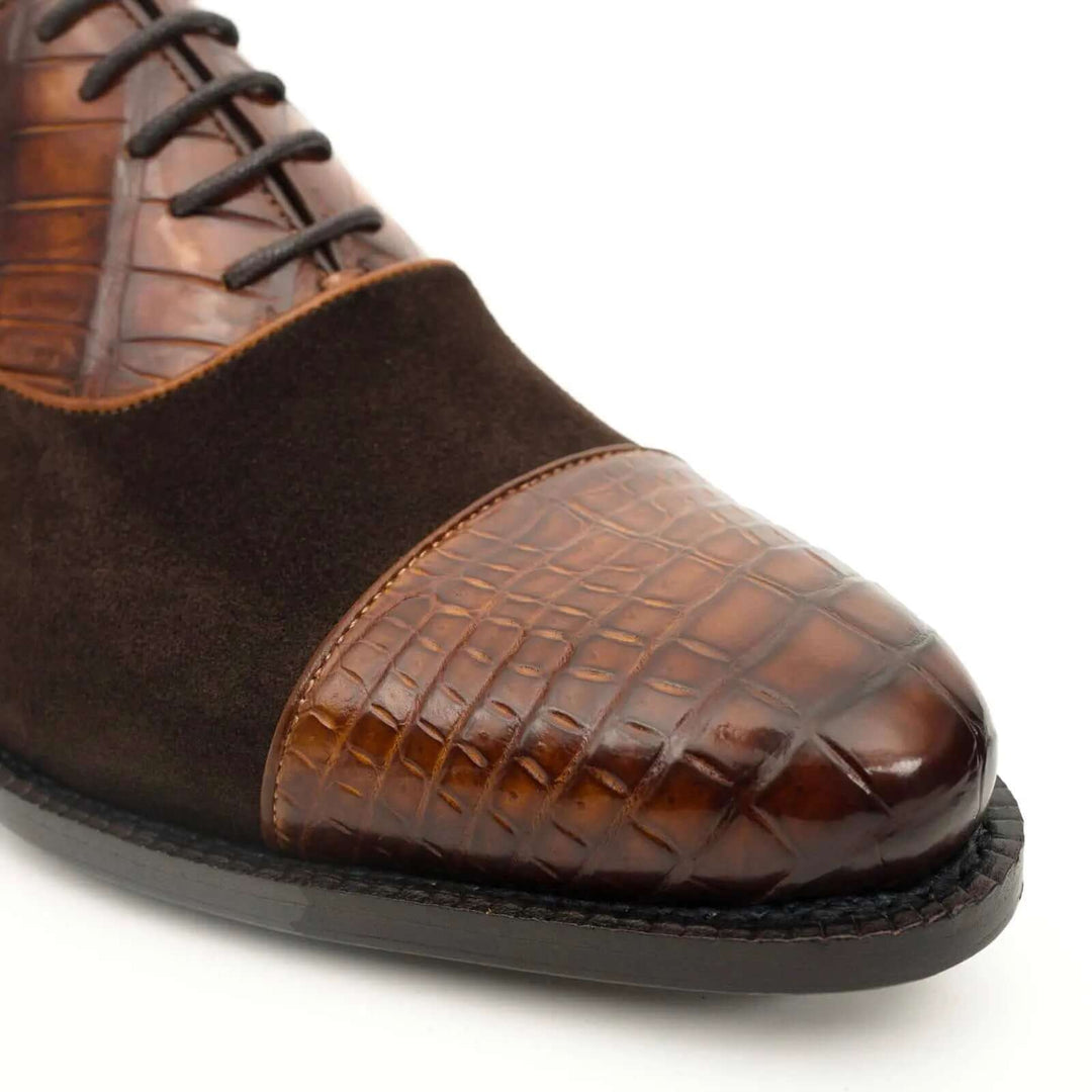 Brown Cap-Toe Calf &amp; Crocodile Leather Oxford Shoes