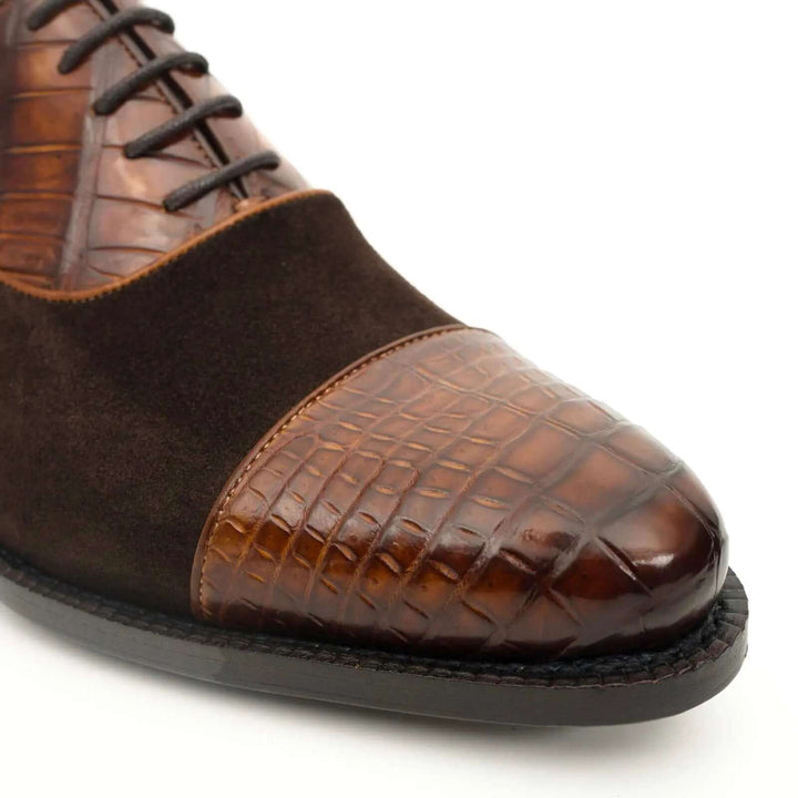 Brown Cap-Toe Calf &amp; Crocodile Leather Oxford Shoes