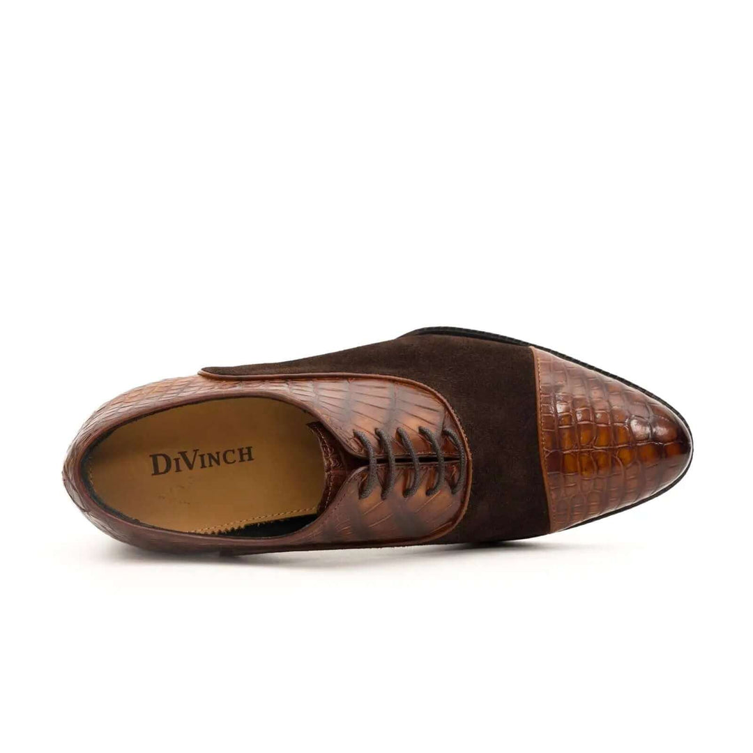 Brown Cap-Toe Calf &amp; Crocodile Leather Oxford Shoes