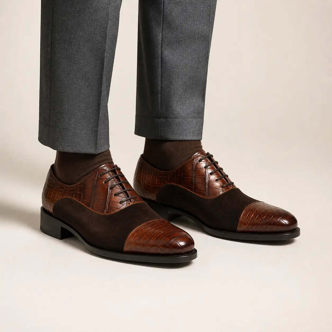 Brown Cap-Toe Calf &amp; Crocodile Leather Oxford Shoes