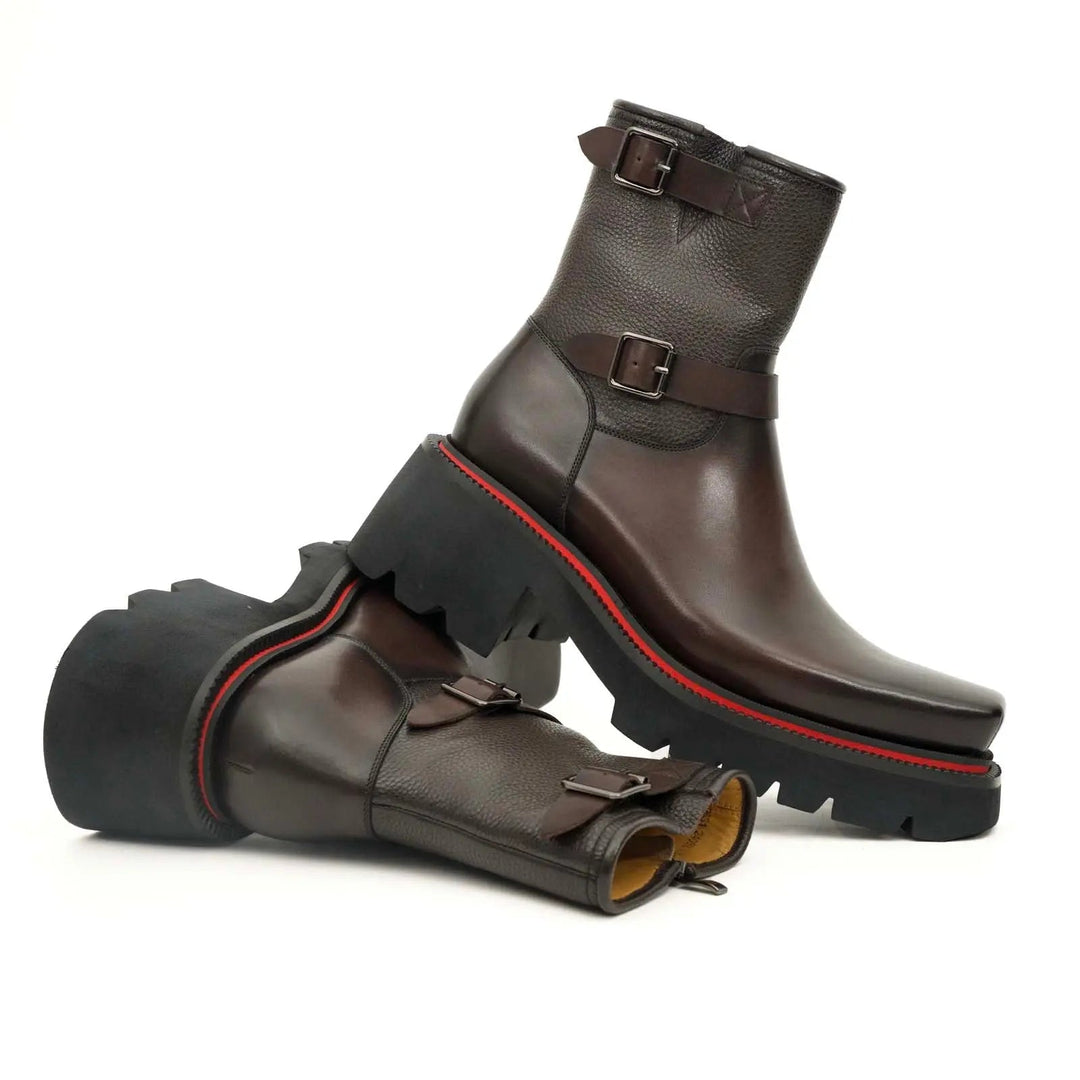 Dark Brown Square-Toe Calf Leather Buckle Ankle Boots