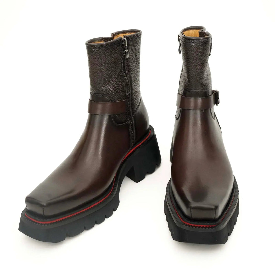 Dark Brown Square-Toe Calf Leather Buckle Ankle Boots