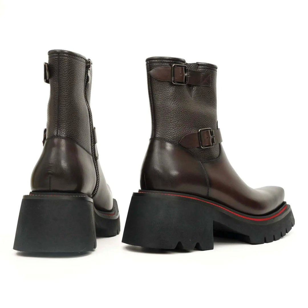Dark Brown Square-Toe Calf Leather Buckle Ankle Boots
