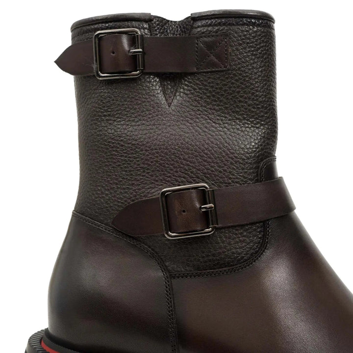 Dark Brown Square-Toe Calf Leather Buckle Ankle Boots