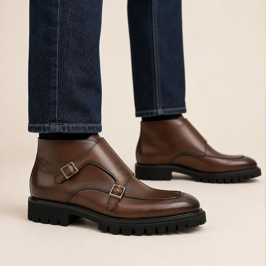 Borwn Burnished Double Monk Boot