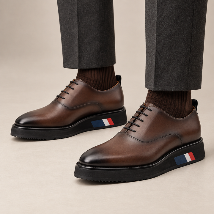 Brown Plain-Toe Calf Leather Oxford Shoes