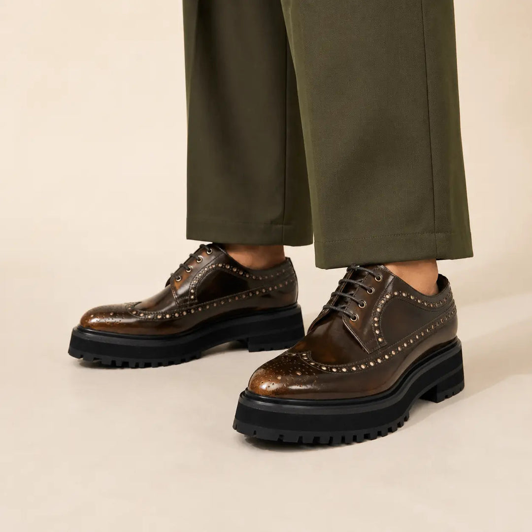 Brown Wingtip Calf Leather Derby Shoes
