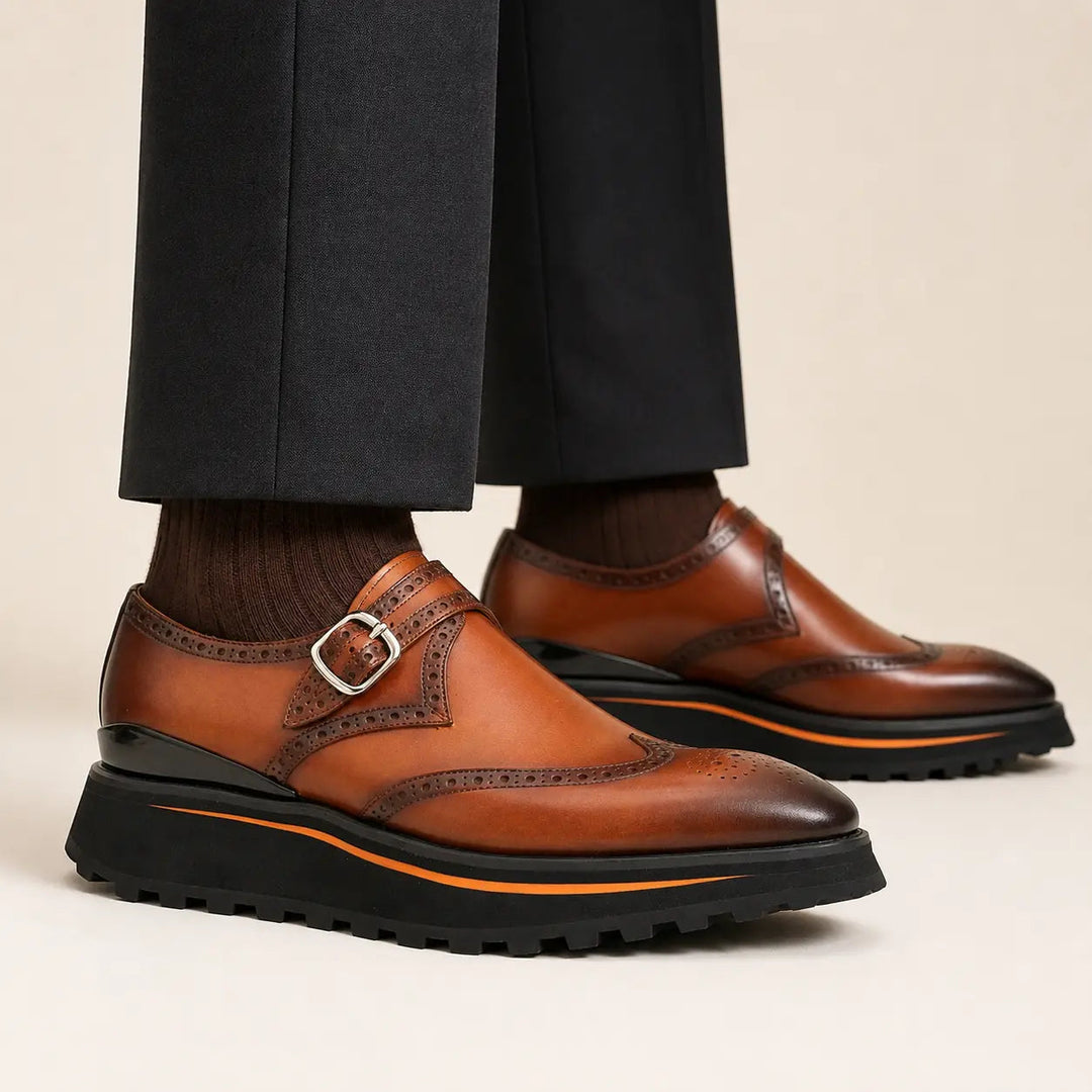 Brown Brogue Monk Shoes With Chunky Sole