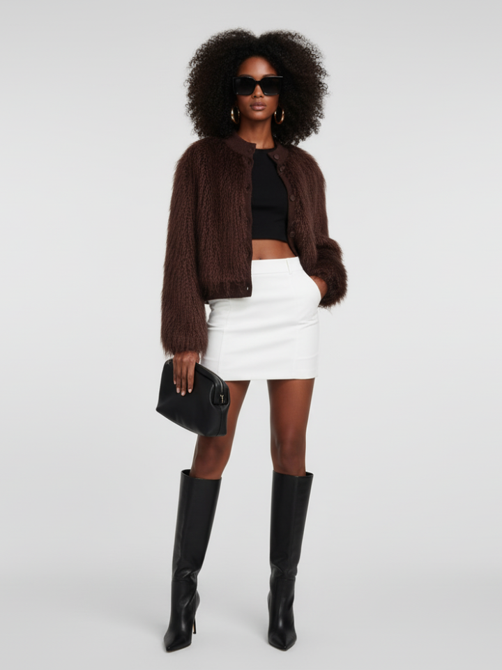Brown Stand-Up Collar Jacket For Women, Gramercy, BYMANYC New York.