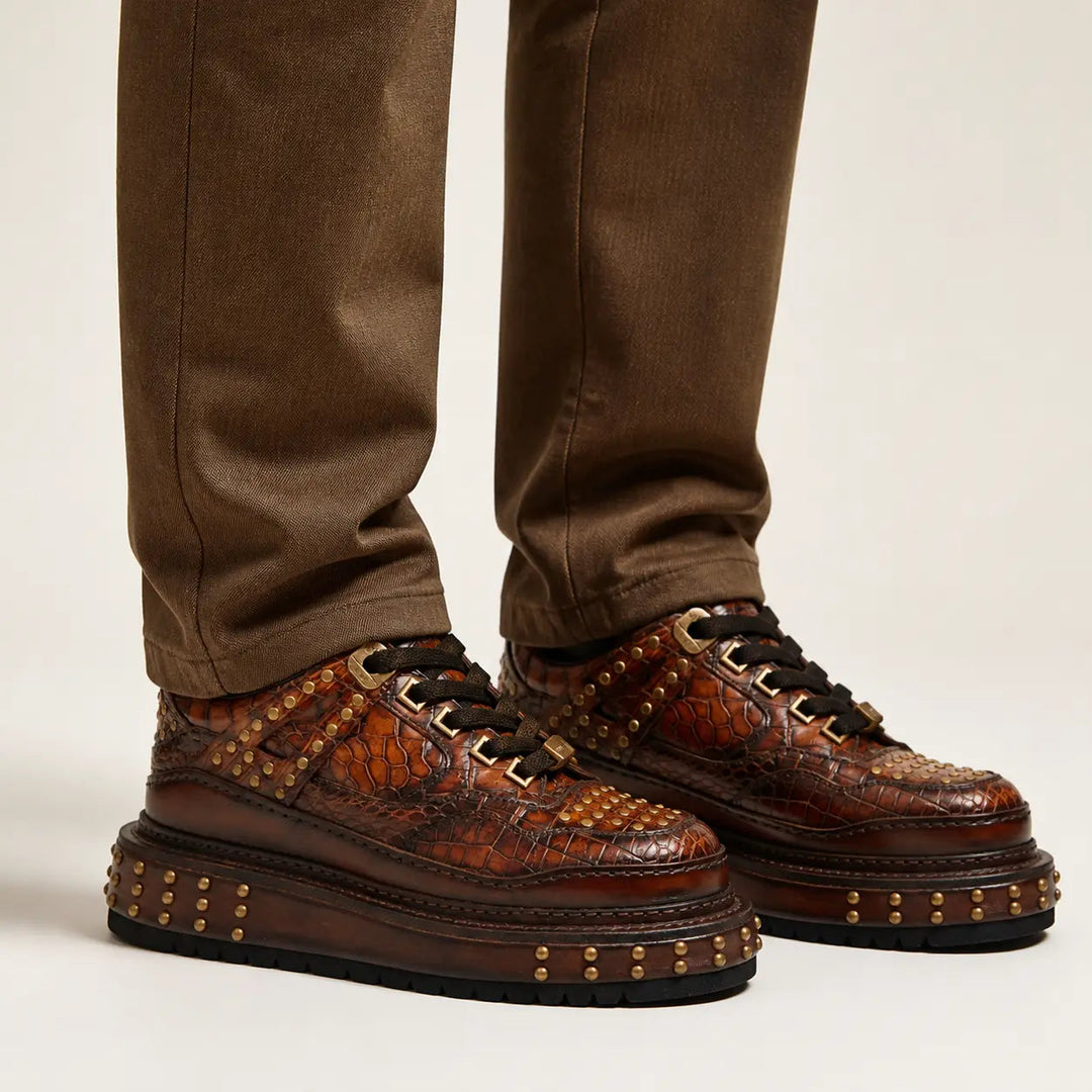 Brown Studded Crocodile Leather Sneakers
