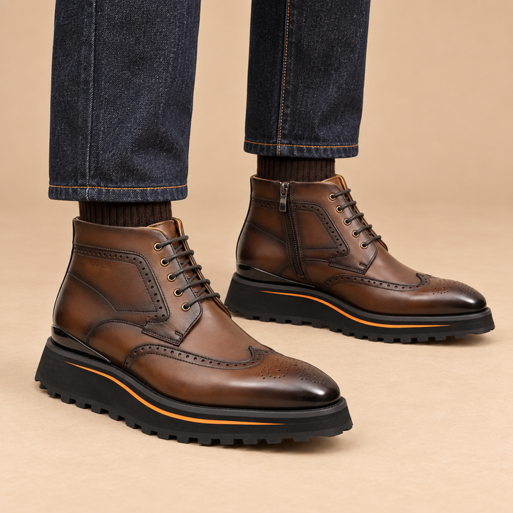 Brown Wingtip Calf Leather Ankle Boots