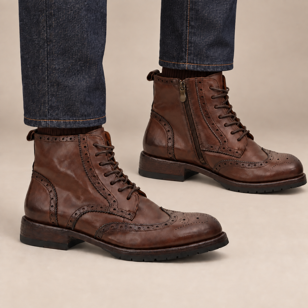 Brown Wingtip Calf Leather Ankle Boots
