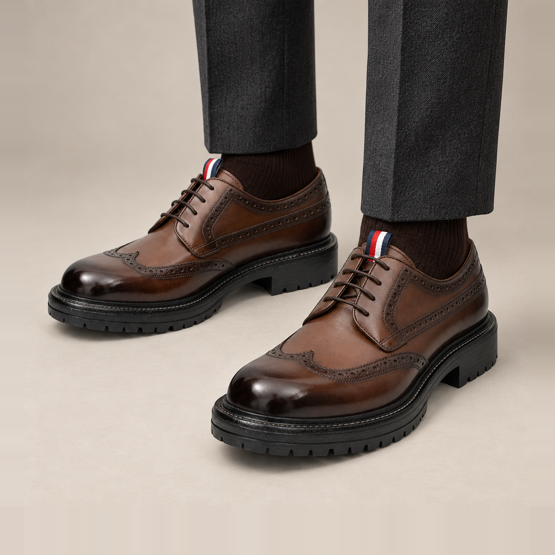 Brown Wingtip Calf Leather Derby Shoes