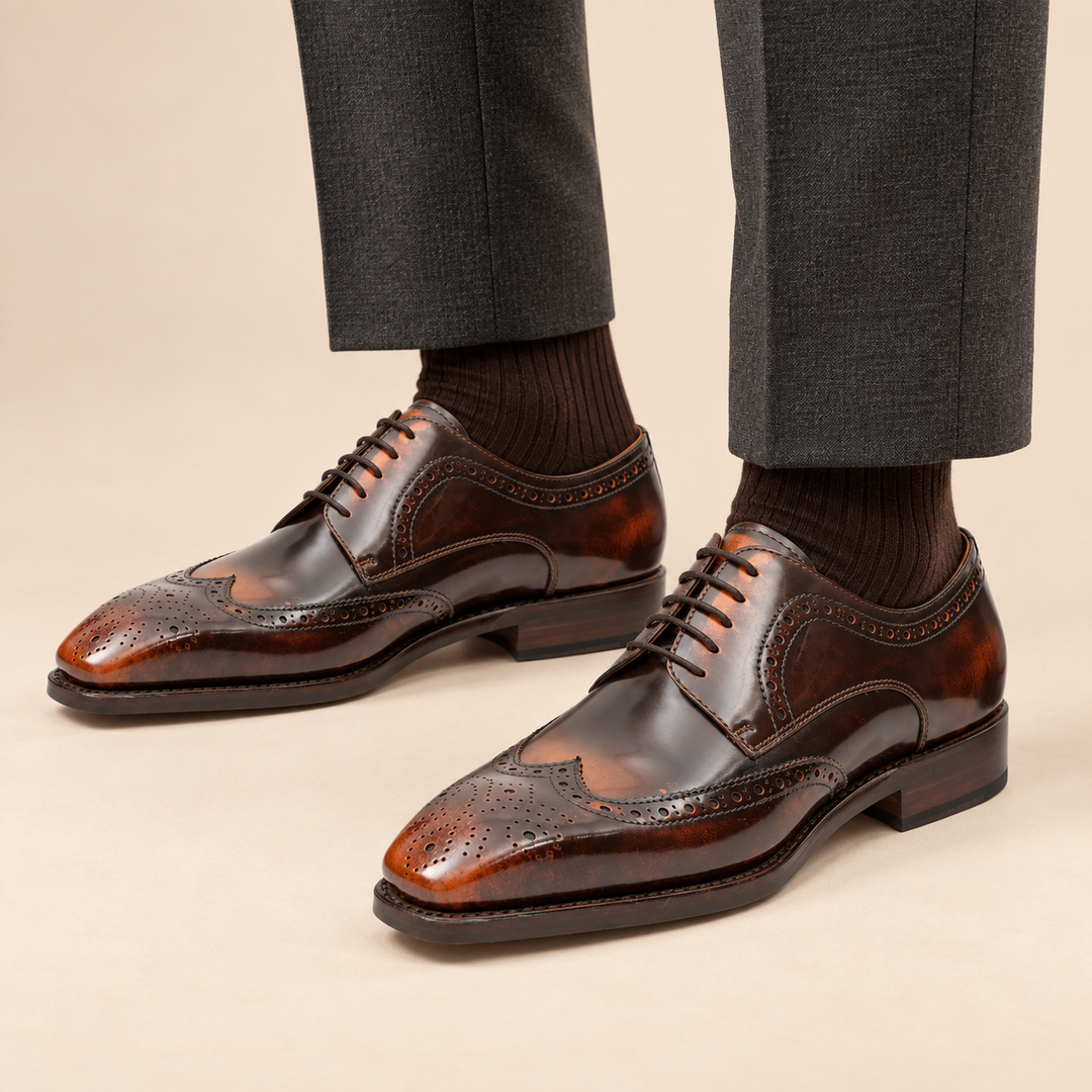 Brown Wingtip Calf Leather Derby Shoes