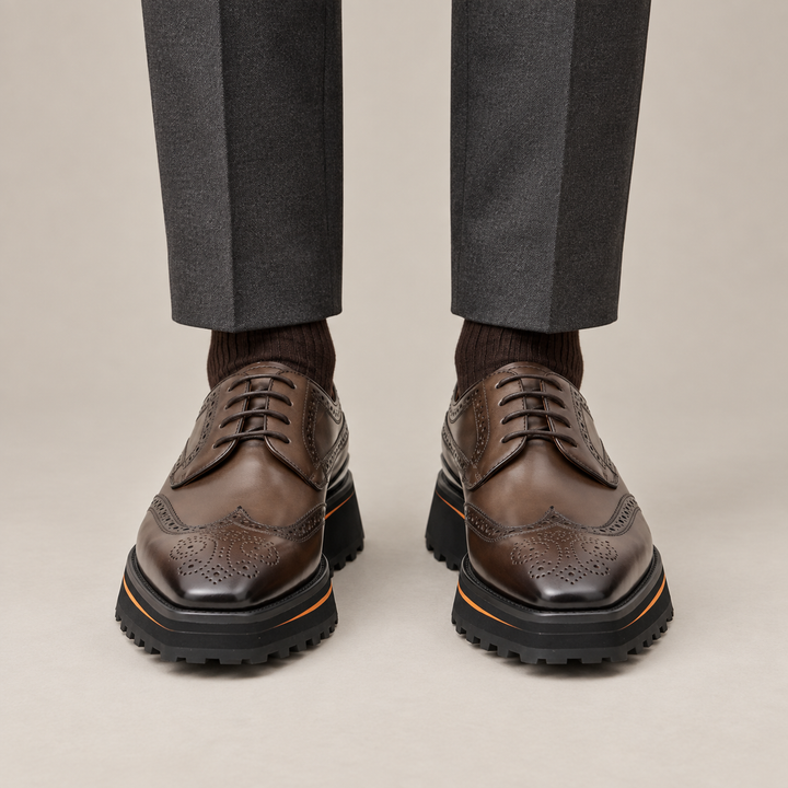Brown Wingtip Calf Leather Derby Shoes