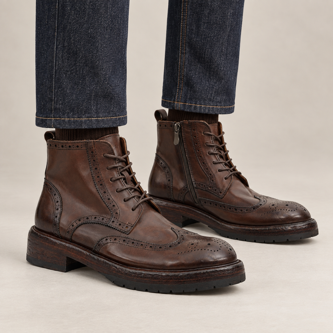 Brown Wingtip Cow Leather Ankle Boots