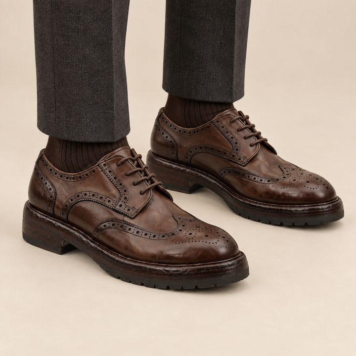 Brown Wingtip Cow Leather Derby Shoes