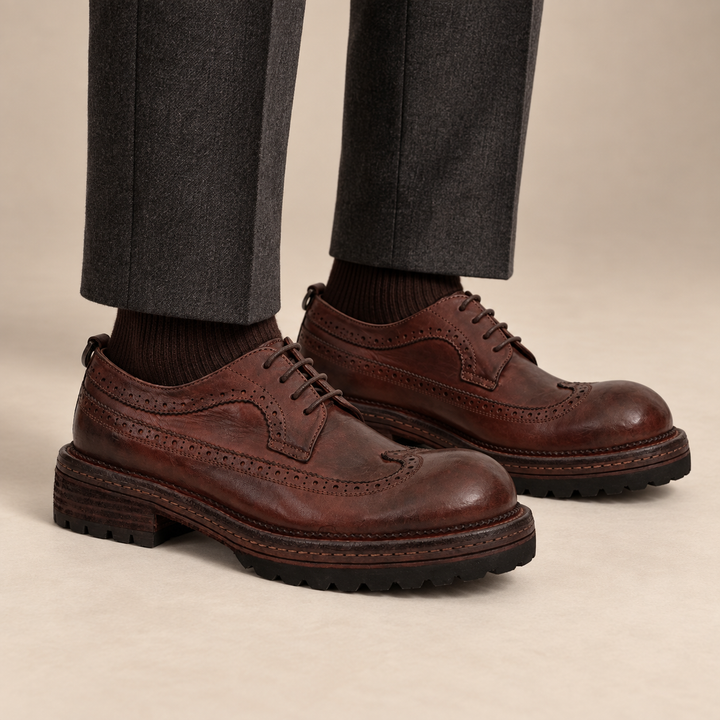Brown Wingtip Cow Leather Derby Shoes