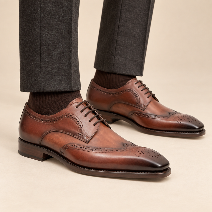 Brown Wingtip Cow Leather Derby Shoes