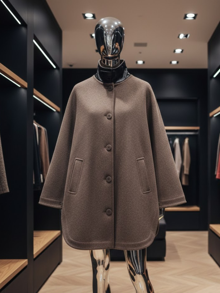 Brown Wool-Blend Jacket with Leather Collar and Egg-Shape Cut • BYMANYC ® New York